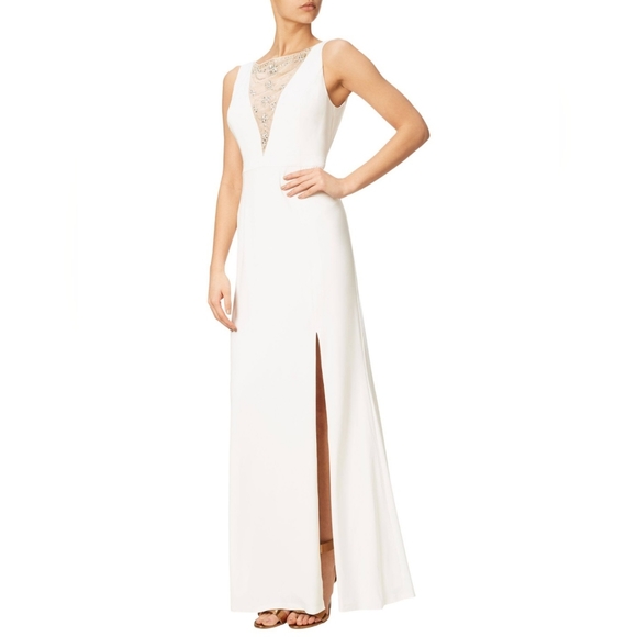 Adrianna Papell Illusion Beaded Neckline Slit Gown Ivory EUC 10 - Picture 3 of 7